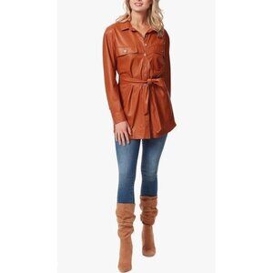 Jessica Simpson Paula Faux Leather Collared Belted Jacket‎ Size XS Brown NEW